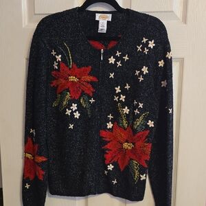 Talbots Black Cardigan with Red Floral Accents